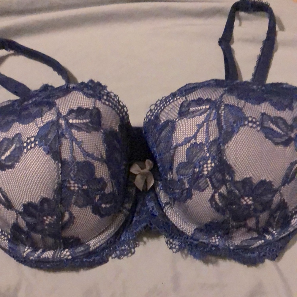 V.S | Body By Victoria Lined Demi Pinkish Nude Bra W/Royal Blue lace overlay